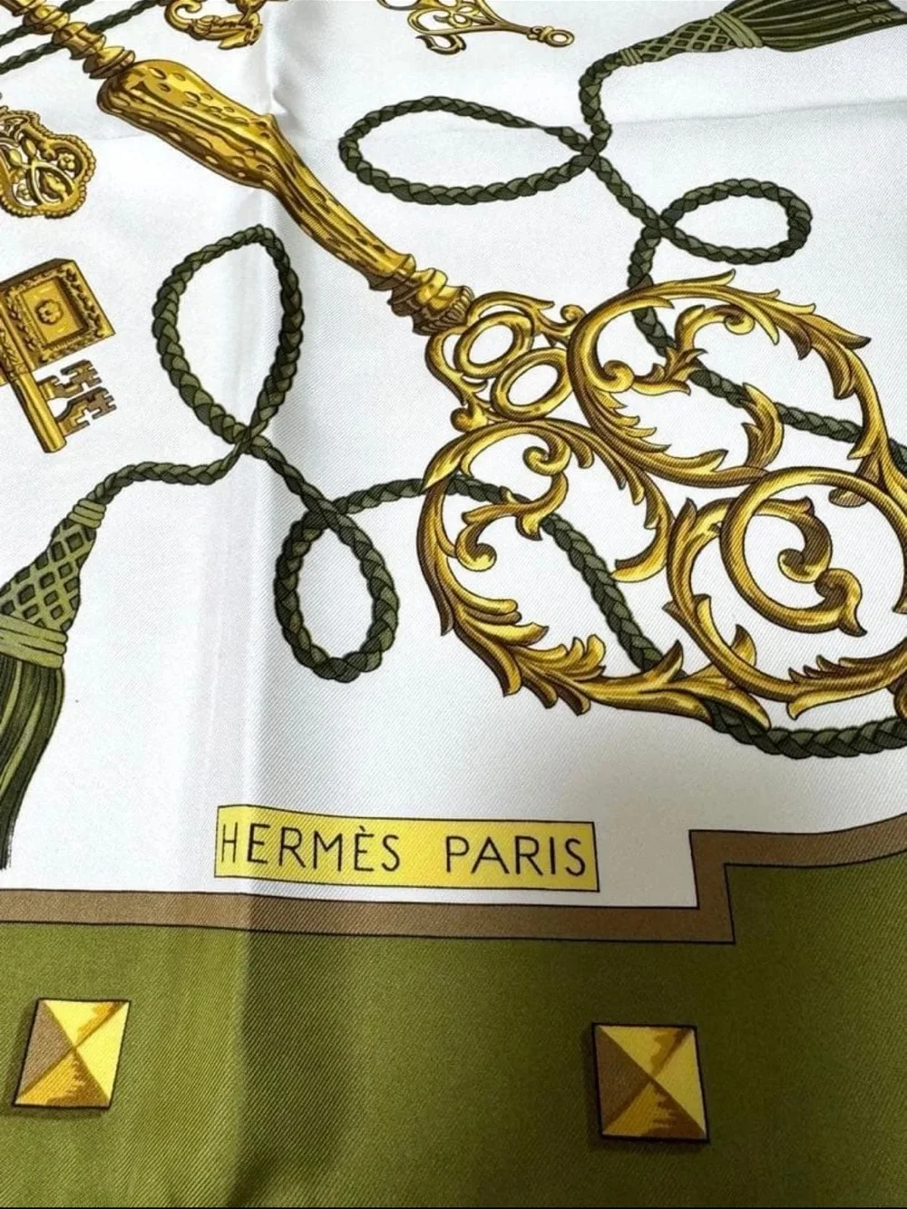 Hermes Olive Green White Gold Key Motif Silk Scarf